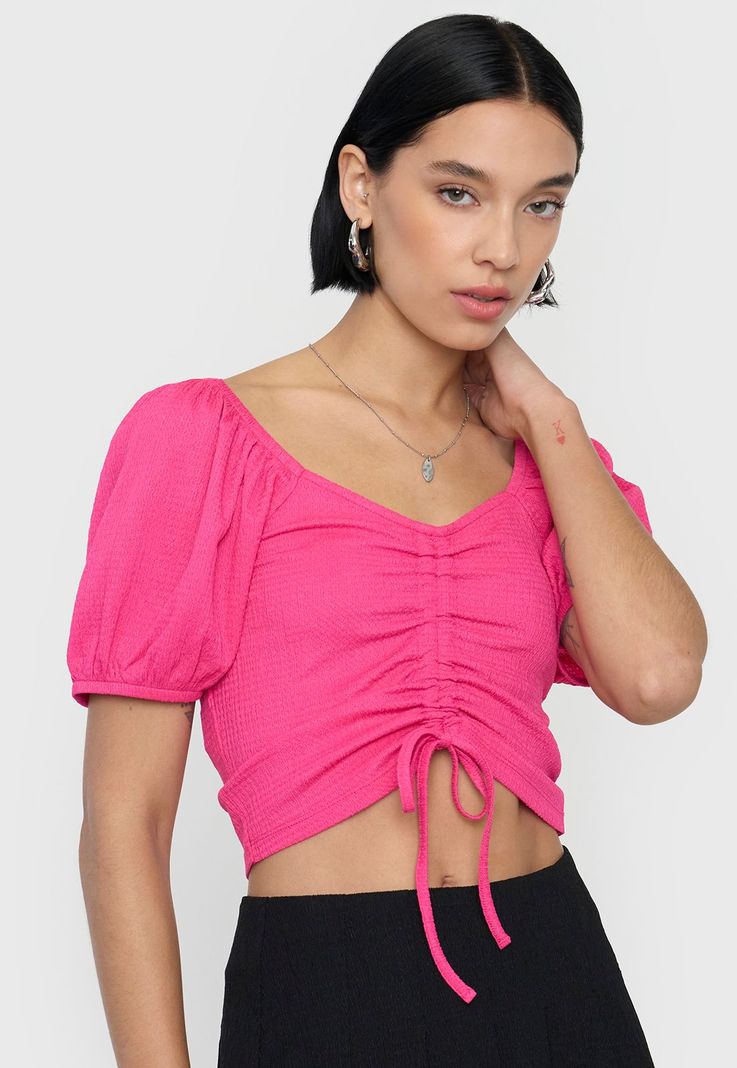Blusa Mujer Crop Panal Manga Globo Fucsia Corona-2