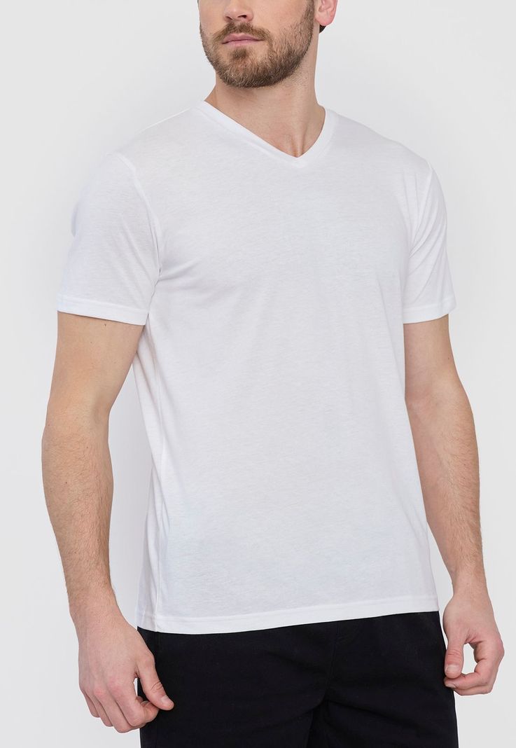 Polera Hombre Lisa Blanco V-Neck Corona-2