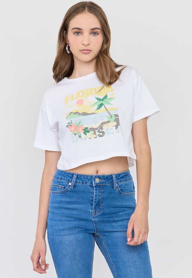 Polera Mujer Print Fun Manga Corta Crop Blanco Corona-0