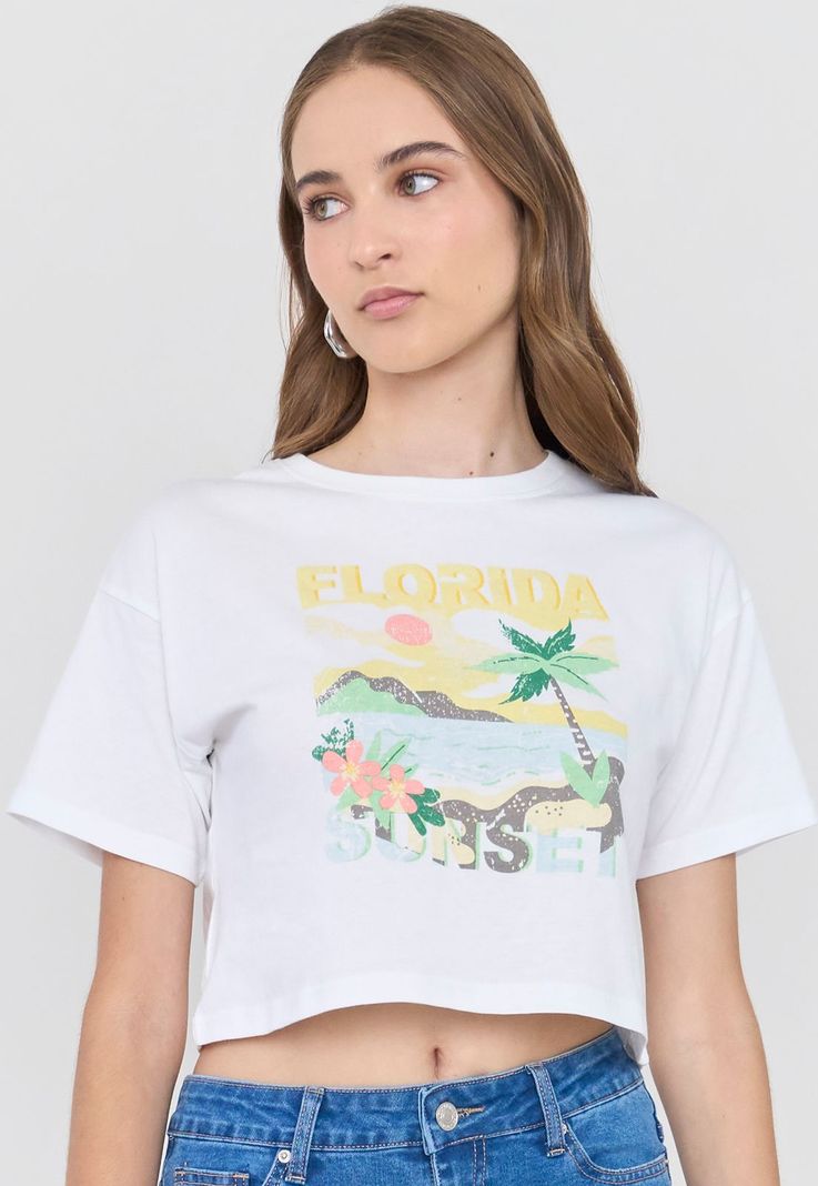 Polera Mujer Print Fun Manga Corta Crop Blanco Corona-2