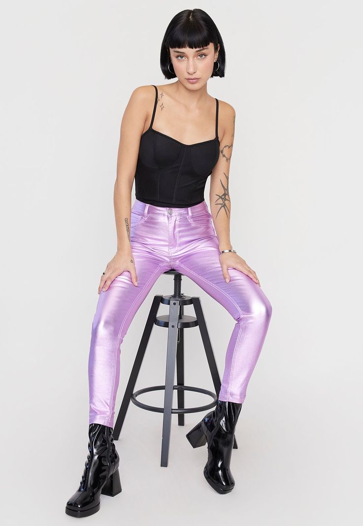 Pantalón Mujer Straight Metalizado Lila Corona-0