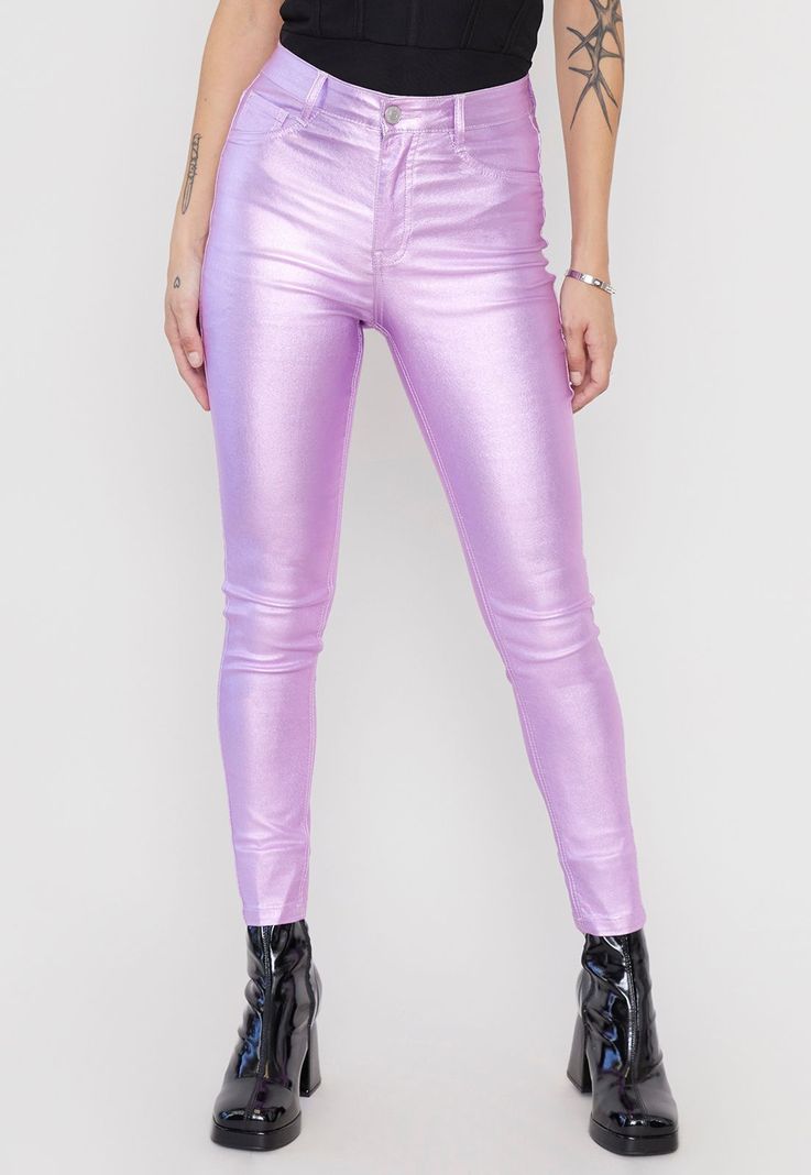 Pantalón Mujer Straight Metalizado Lila Corona-1