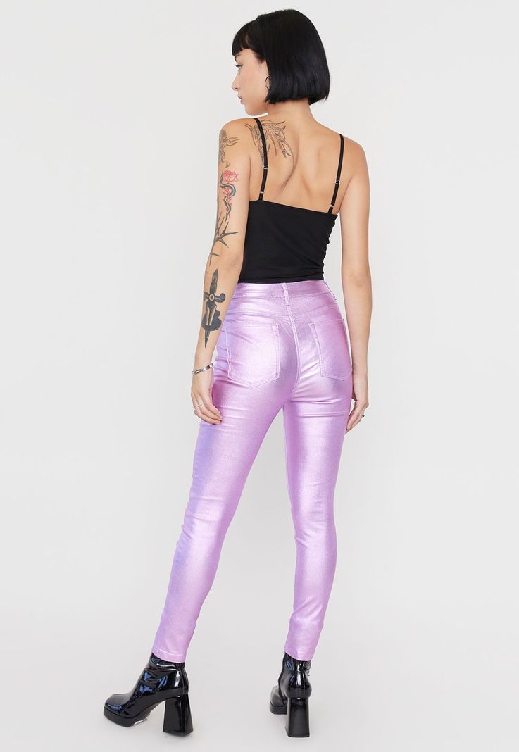 Pantalón Mujer Straight Metalizado Lila Corona-2