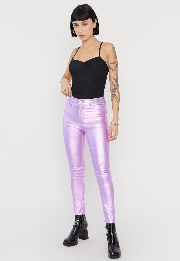 Pantalón Mujer Straight Metalizado Lila Corona-3