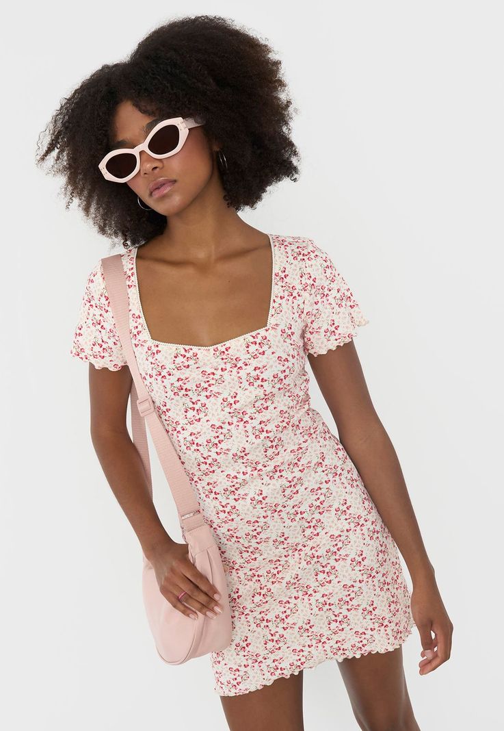 Vestido Mujer Manga Corta Print Flores Crema Corona-0