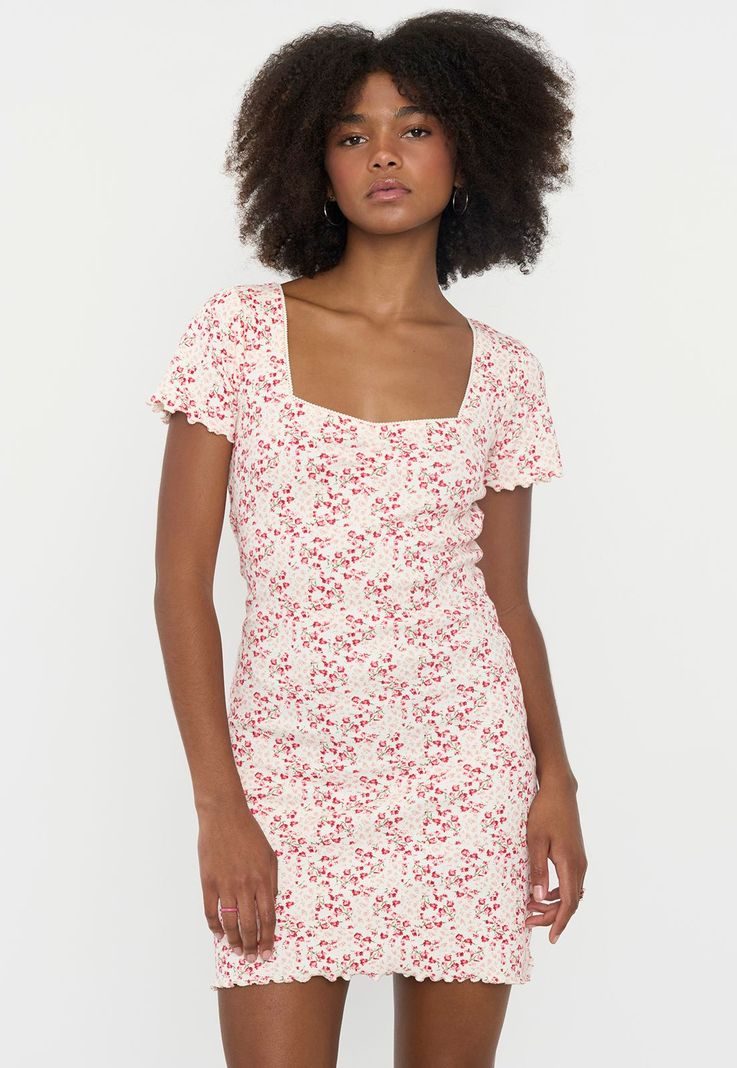 Vestido Mujer Manga Corta Print Flores Crema Corona-1