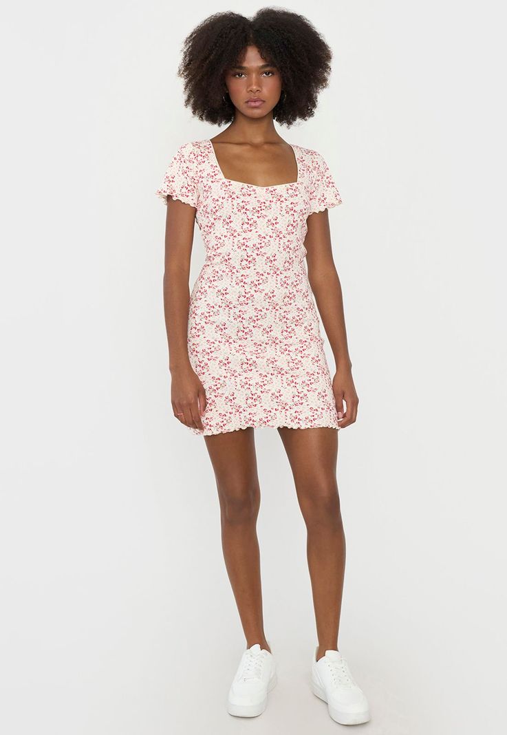 Vestido Mujer Manga Corta Print Flores Crema Corona-3