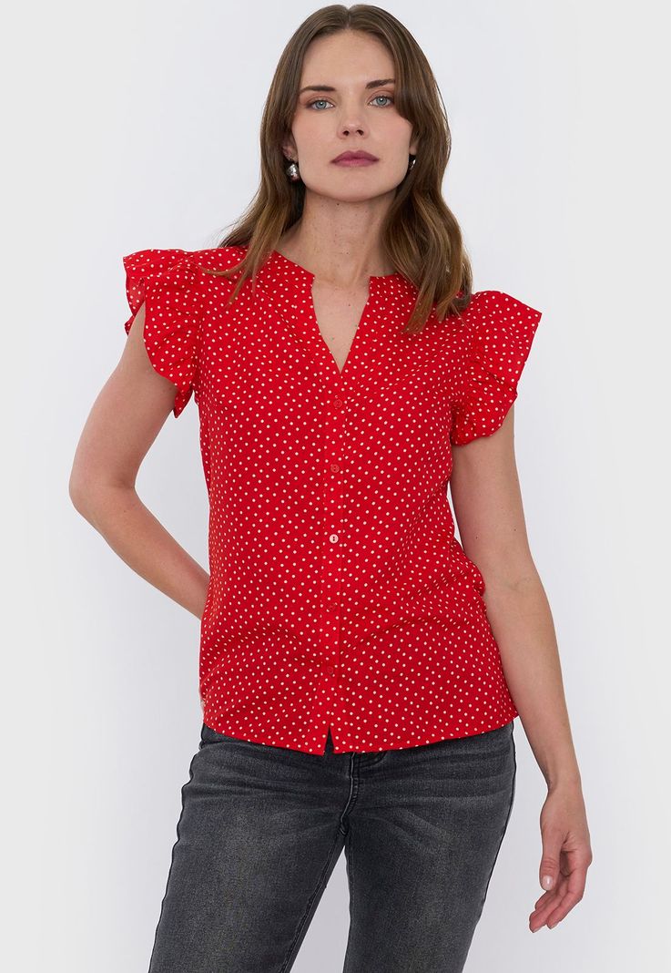 Blusa Mujer Cuello Mao Vuelos Puntos Rojo Corona-0