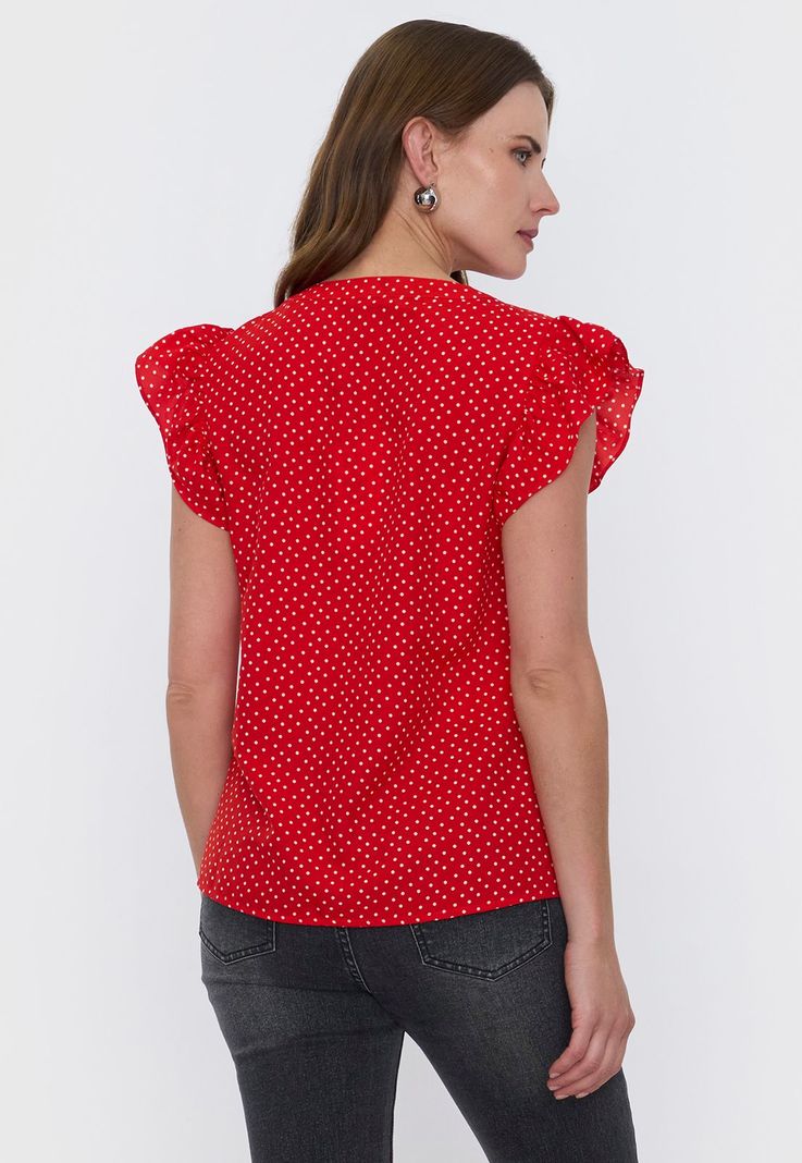 Blusa Mujer Cuello Mao Vuelos Puntos Rojo Corona-1