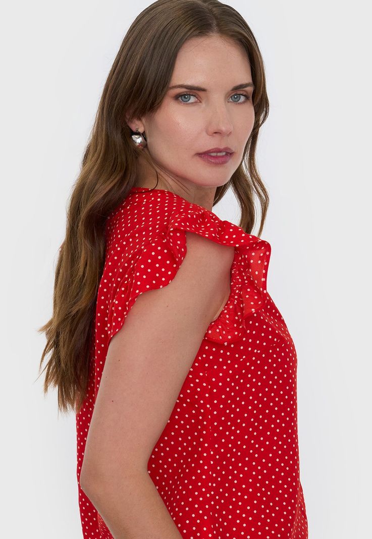 Blusa Mujer Cuello Mao Vuelos Puntos Rojo Corona-2