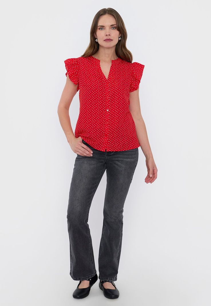 Blusa Mujer Cuello Mao Vuelos Puntos Rojo Corona-3