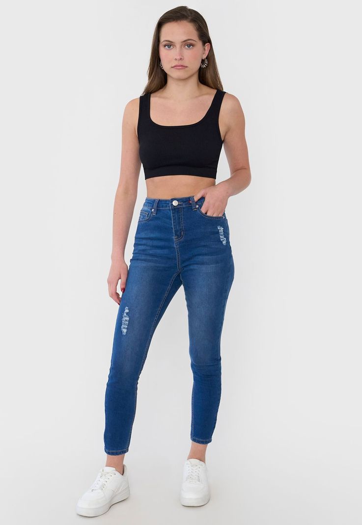 Jeans Mujer Skinny Fit Roturas Azul Oscuro Corona-0