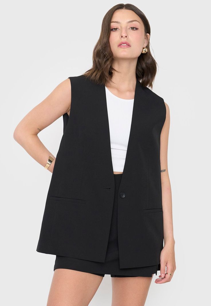 Blazer Mujer Sin Mangas Botones Negro Corona-0