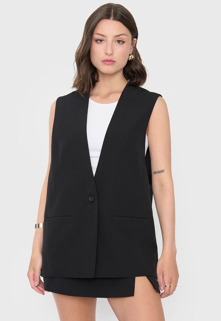 Blazer Mujer Sin Mangas Botones Negro Corona-2