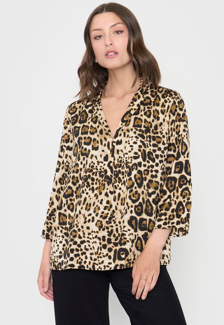 Blusa Mujer Cuello Camisero M/L Print Café Corona-0