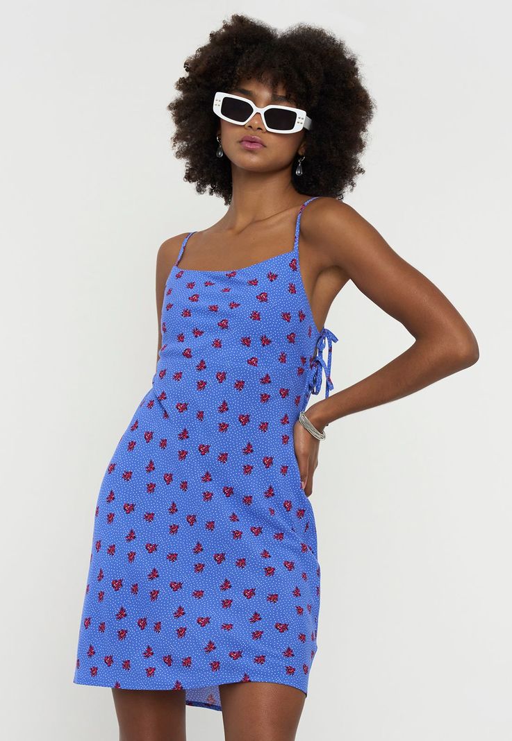Vestido Mujer Corto Amarras Laterales Print Azul Corona-0