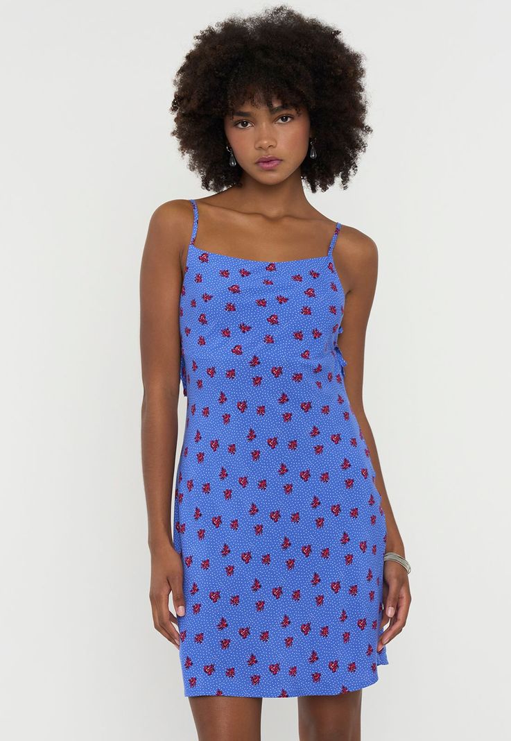 Vestido Mujer Corto Amarras Laterales Print Azul Corona-1