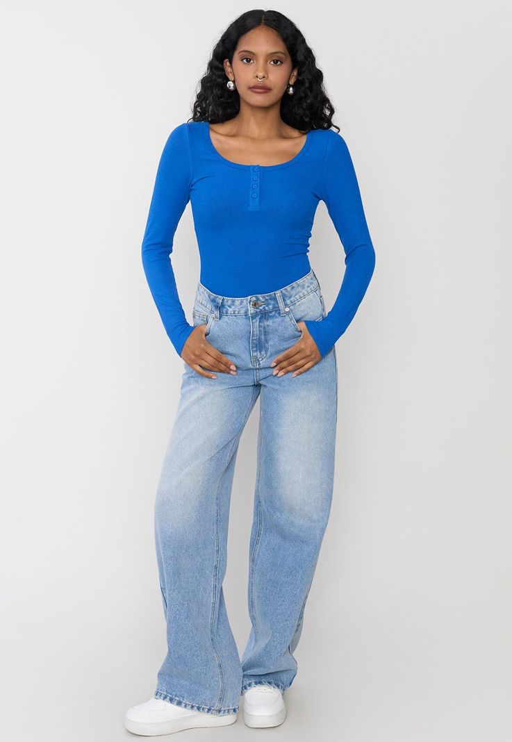 Body Mujer Manga Larga Botones Azul Corona-3