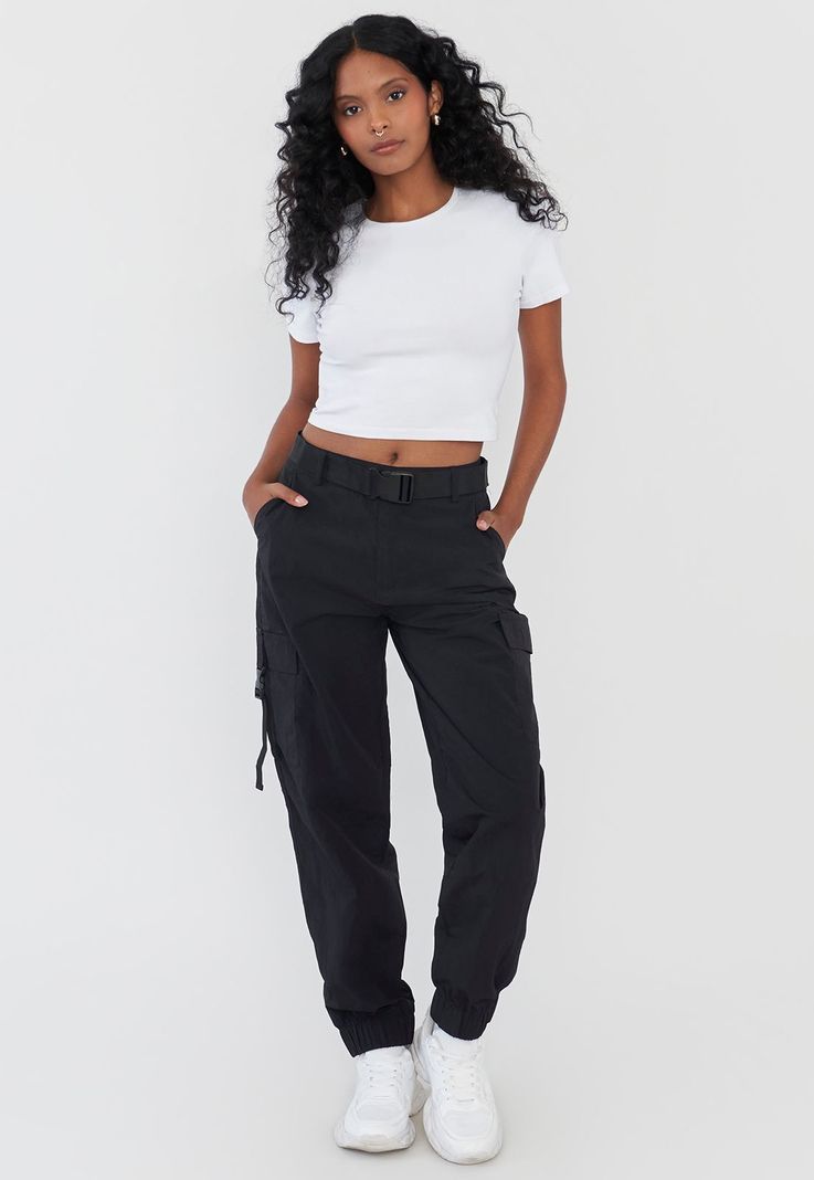 Pantalón Negro Mujer Jogger Cargo Cinturón Corona-0