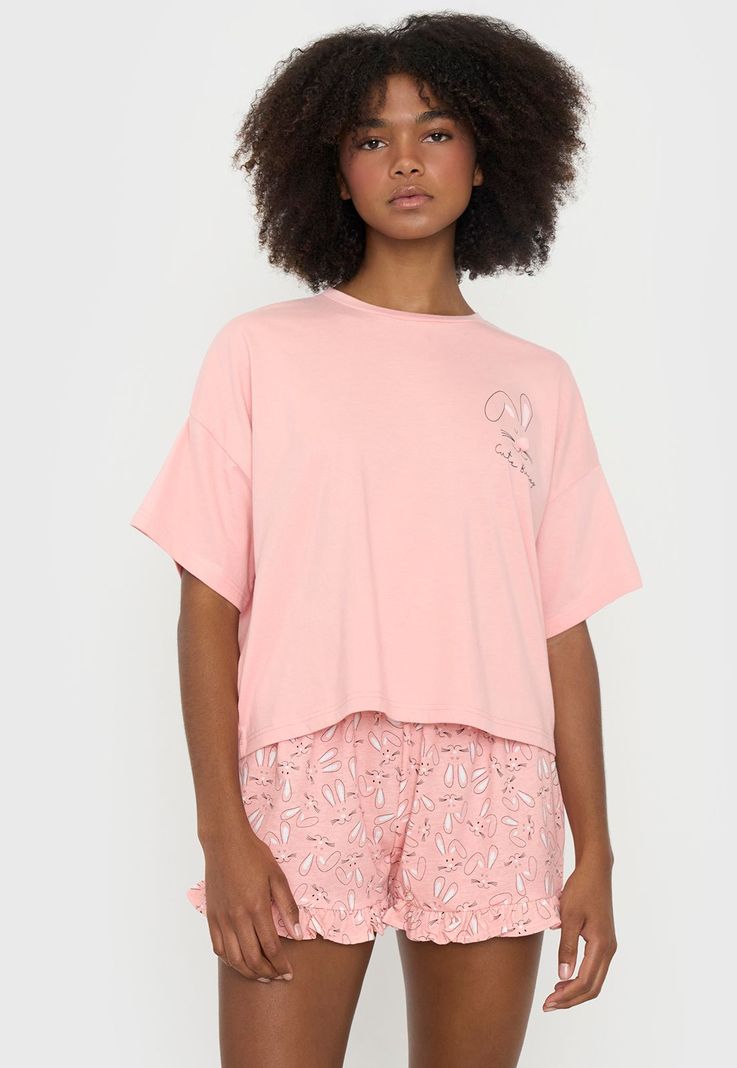 Pijama Mujer Corto Oversize Vuelos Coral Conejos Corona-0
