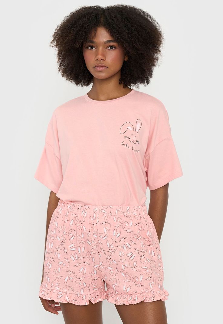 Pijama Mujer Corto Oversize Vuelos Coral Conejos Corona-2