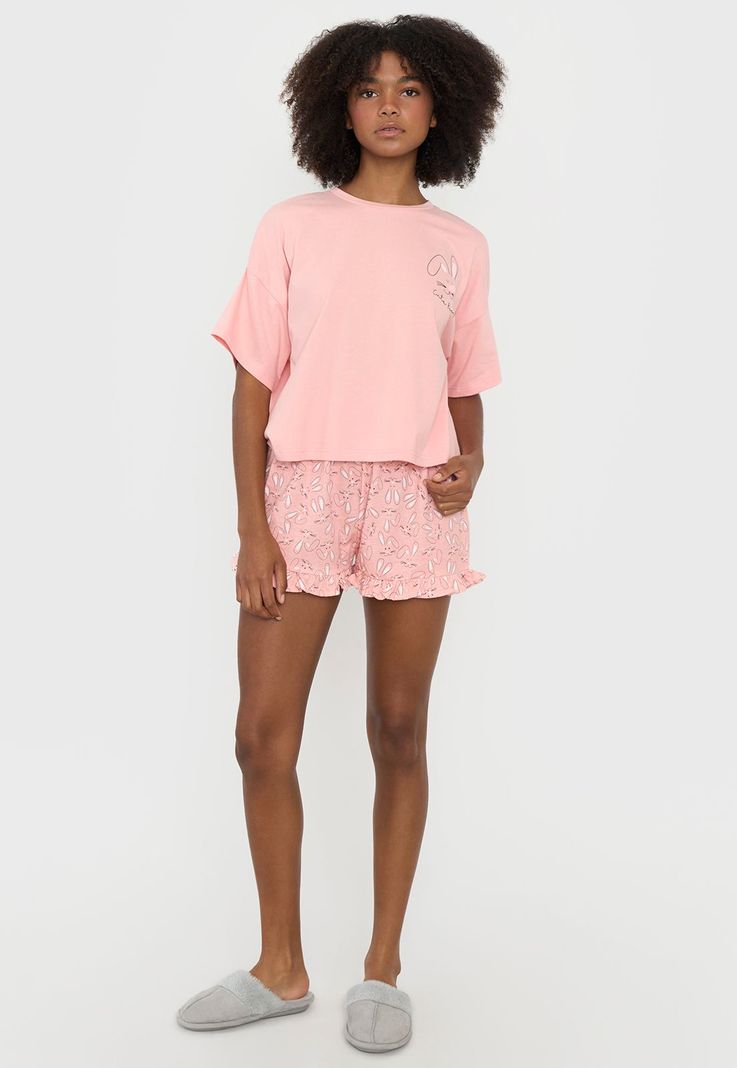 Pijama Mujer Corto Oversize Vuelos Coral Conejos Corona-3