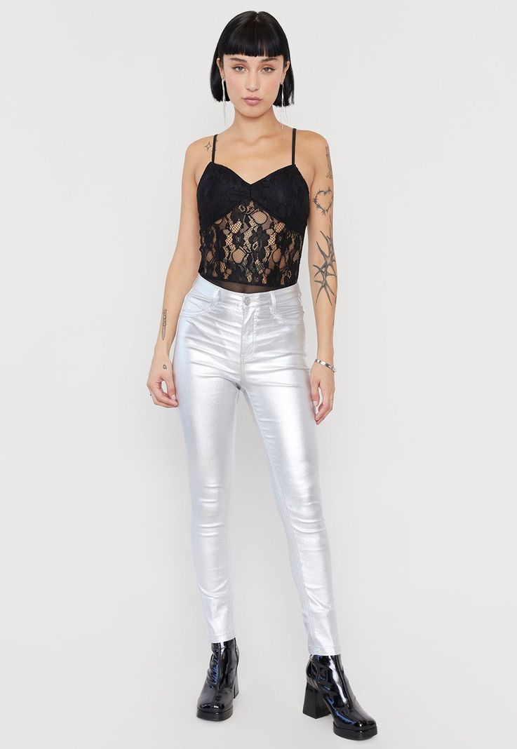 Pantalón Mujer Straight Metalizado Plateado Corona-0