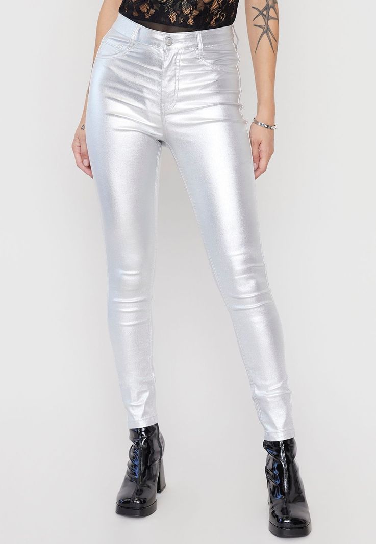 Pantalón Mujer Straight Metalizado Plateado Corona-1
