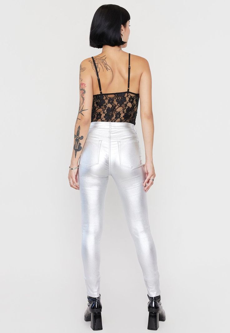 Pantalón Mujer Straight Metalizado Plateado Corona-2