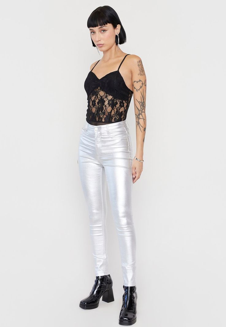 Pantalón Mujer Straight Metalizado Plateado Corona-3