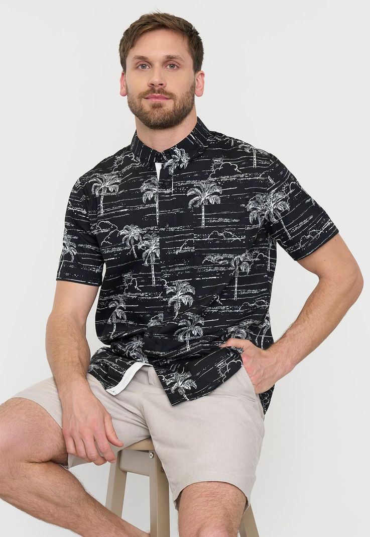 Camisa Hombre Mid Print Manga Corta Negro Corona-0