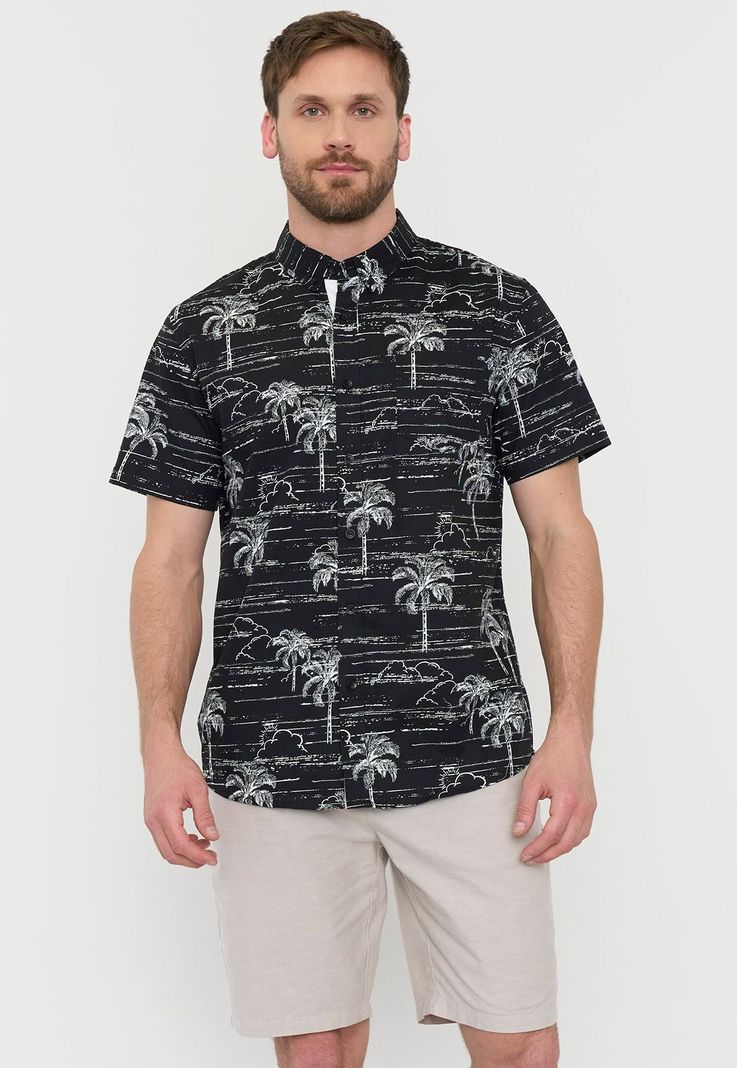 Camisa Hombre Mid Print Manga Corta Negro Corona-1
