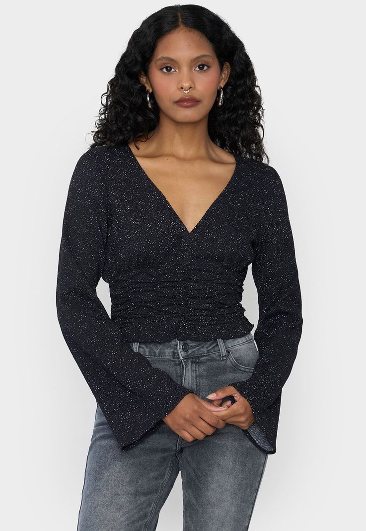 Blusa Mujer Manga Larga Campana Print Negro Corona-0