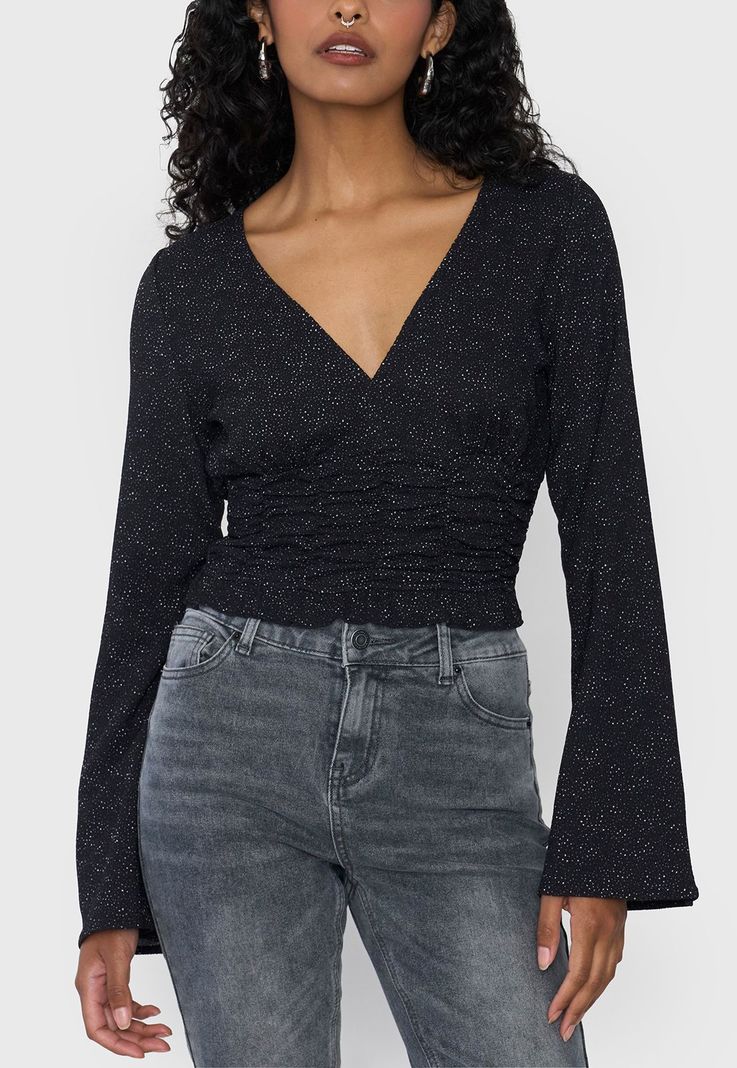 Blusa Mujer Manga Larga Campana Print Negro Corona-2