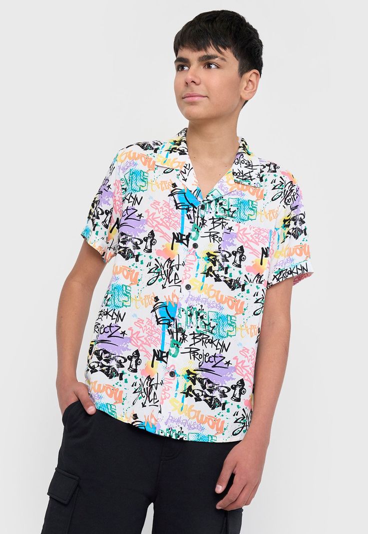 Camisa Niño Viscosa Fullprint Graffiti Blanco Corona-0