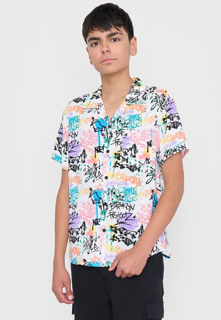 Camisa Niño Viscosa Fullprint Graffiti Blanco Corona-1