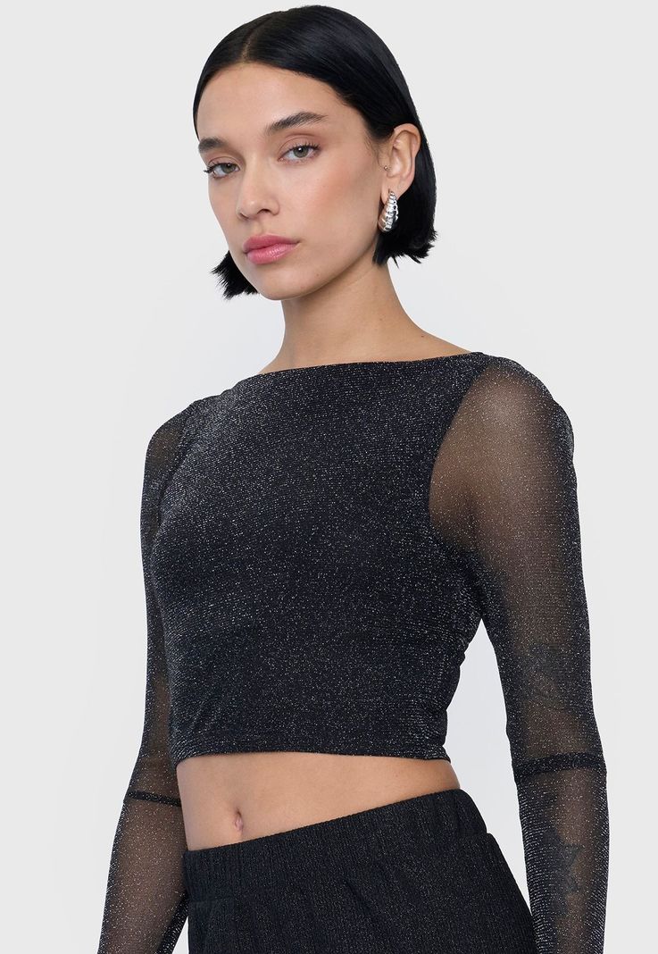 Polera Mujer Sin Espalda M/L Brillos Negro Corona-2