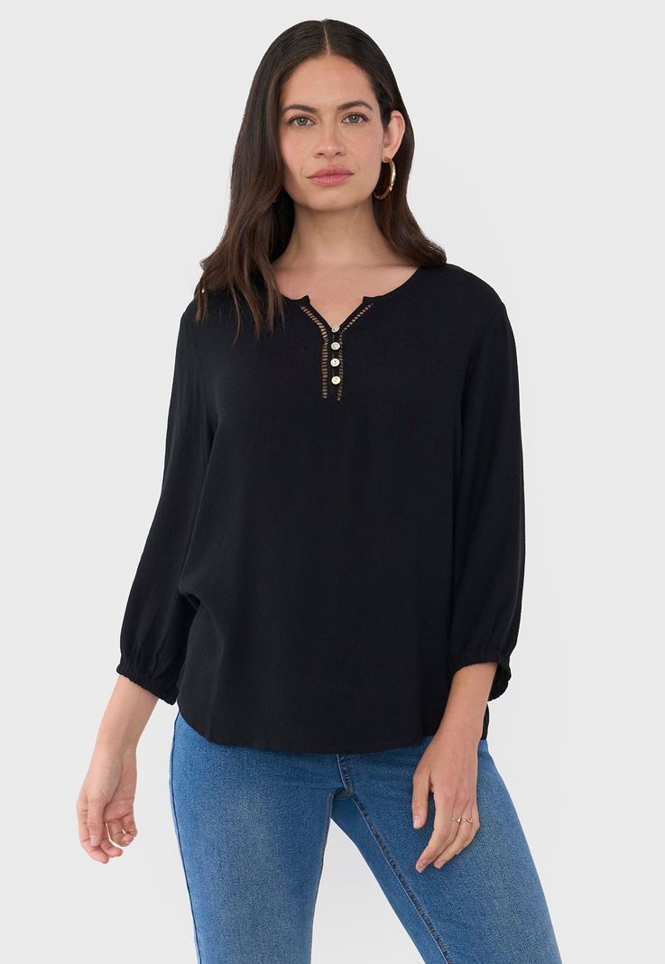 Blusa Mujer Botones Macramé Negro Corona-0