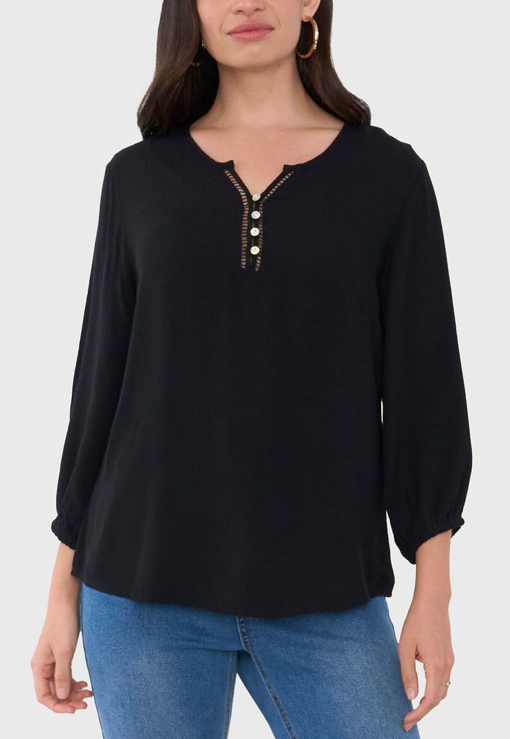 Blusa Mujer Botones Macramé Negro Corona-2