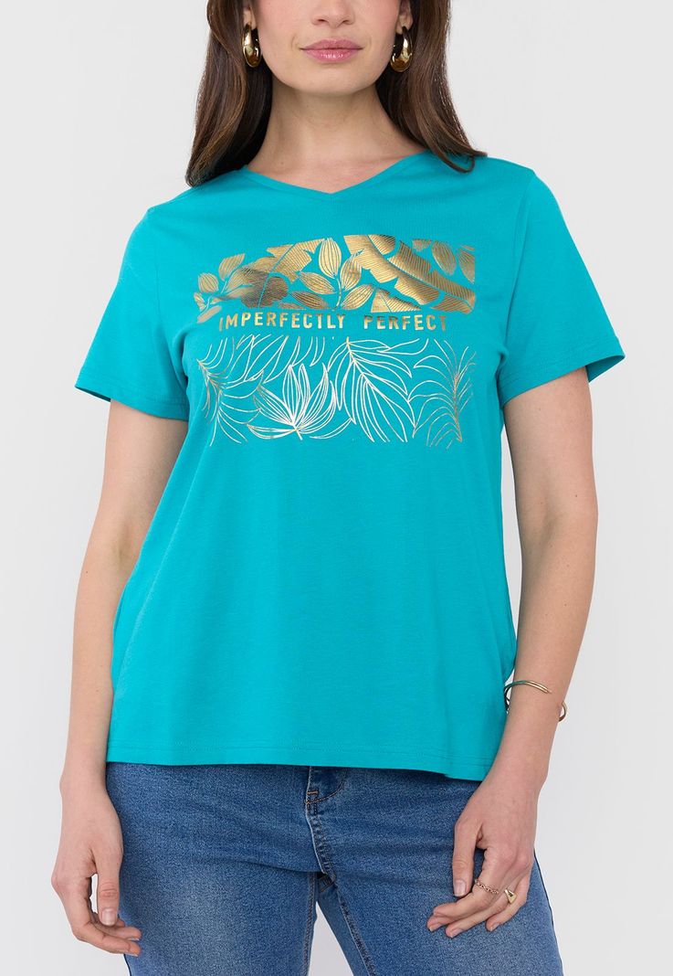 Polera Mujer M/c Focal Print Dorado Cuello V Corona-2