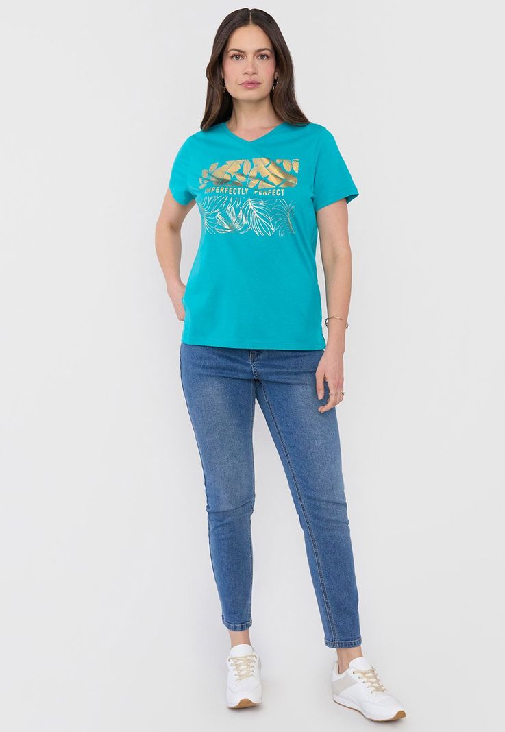Polera Mujer M/c Focal Print Dorado Cuello V Corona-3