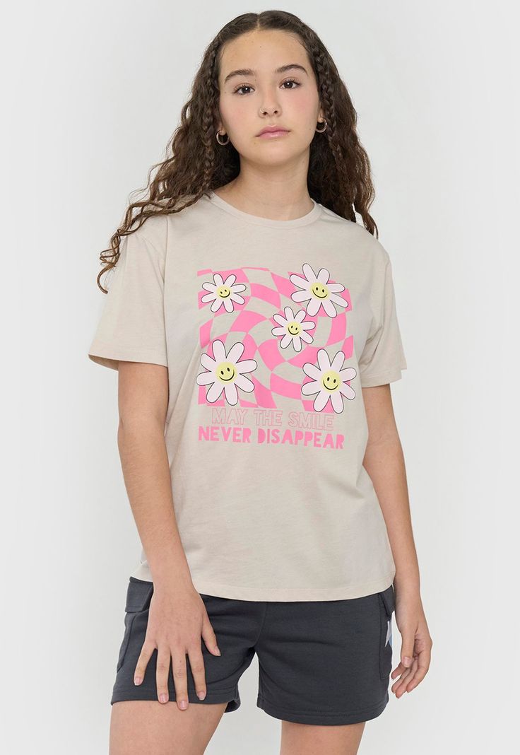 Polera Niña Teen Manga Corta Fun Oversize  Beige Corona-0