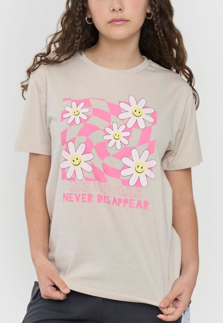 Polera Niña Teen Manga Corta Fun Oversize  Beige Corona-2