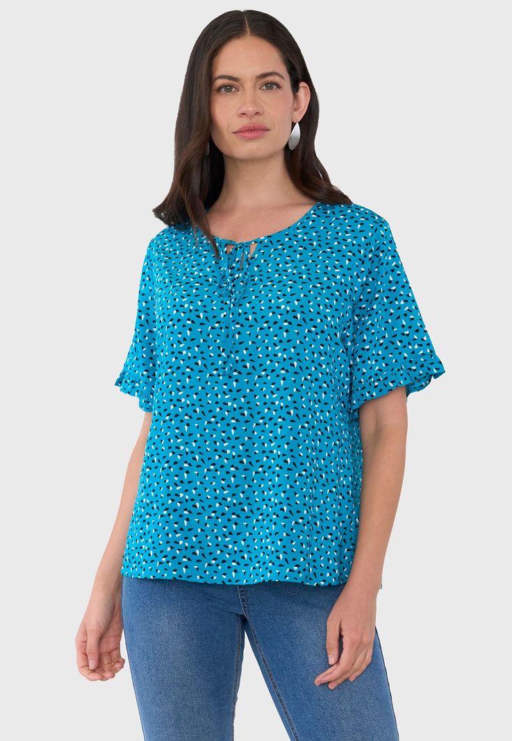 Blusa Mujer Manga Corta Detalle Print Turquesa Corona-0