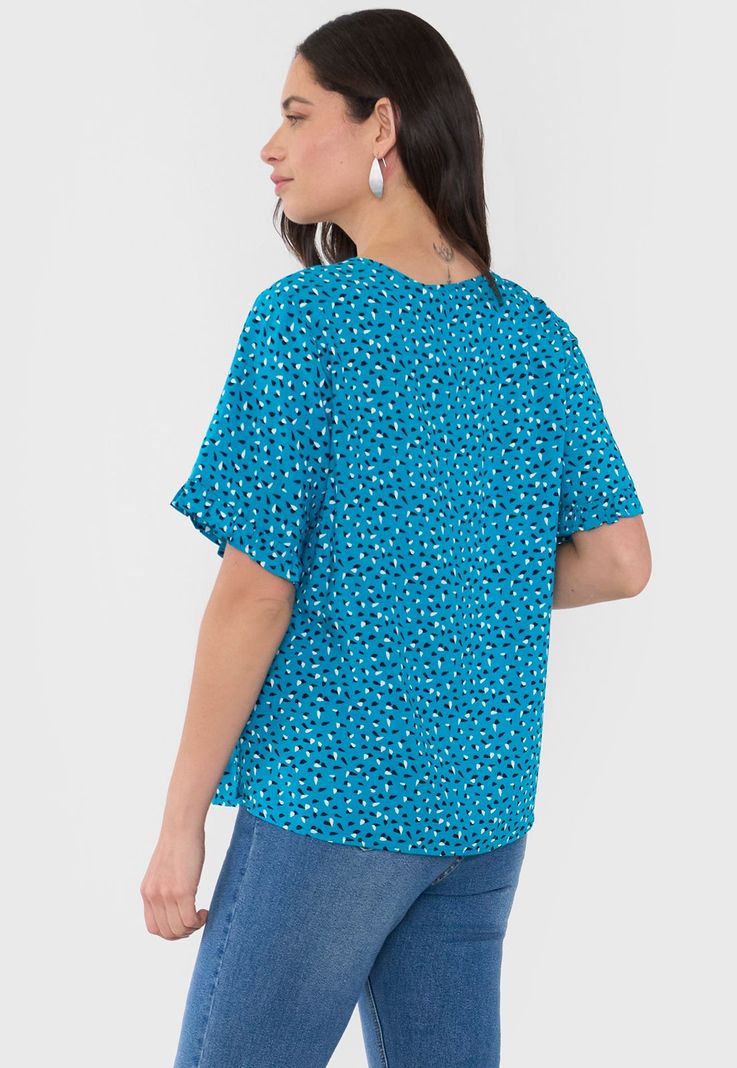 Blusa Mujer Manga Corta Detalle Print Turquesa Corona-1