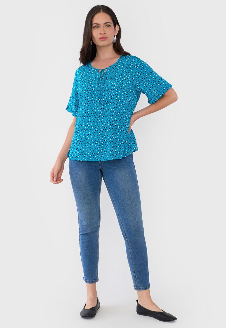 Blusa Mujer Manga Corta Detalle Print Turquesa Corona-3