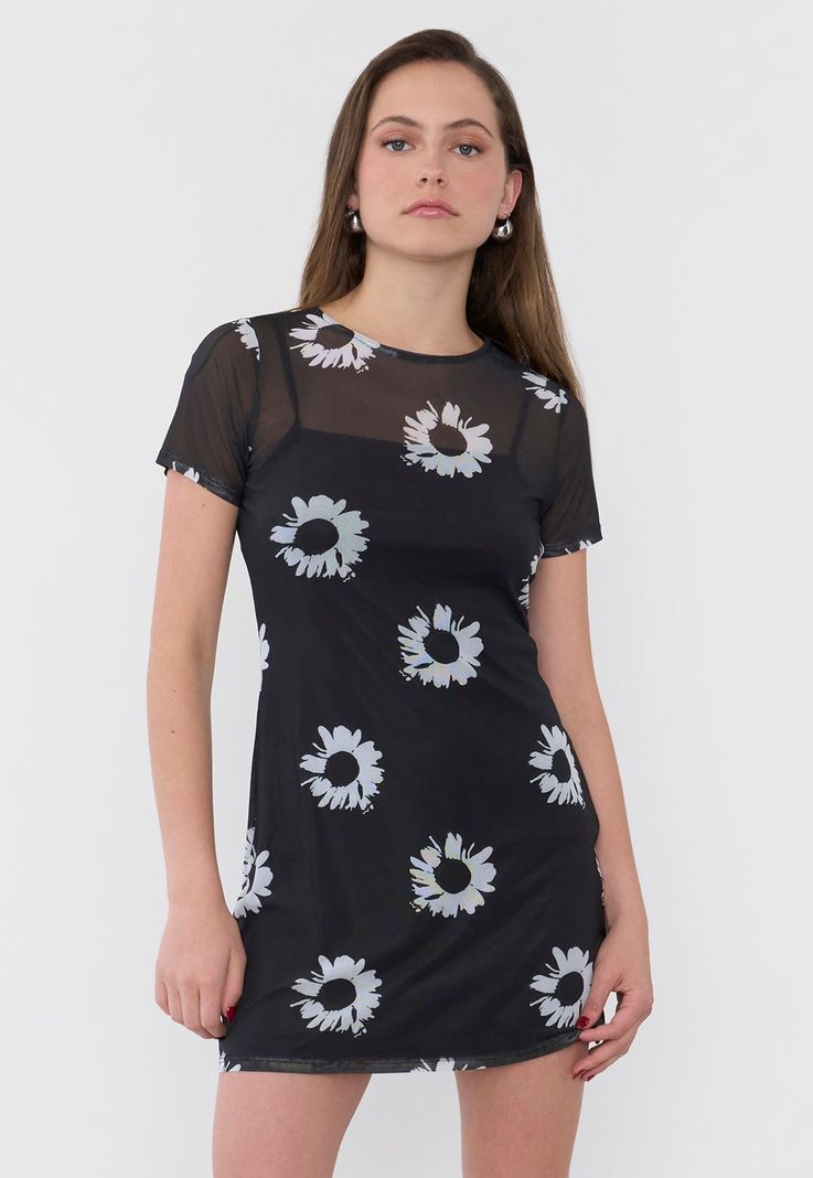 Vestido Mujer Malla  Flores Negro Corona-0