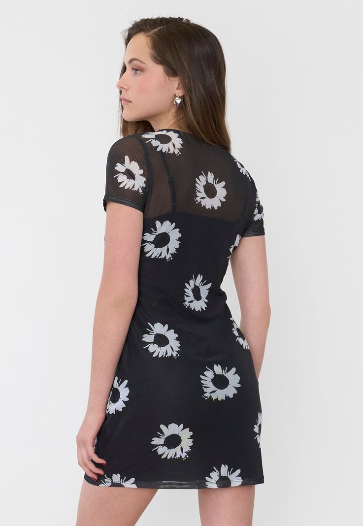 Vestido Mujer Malla  Flores Negro Corona-1