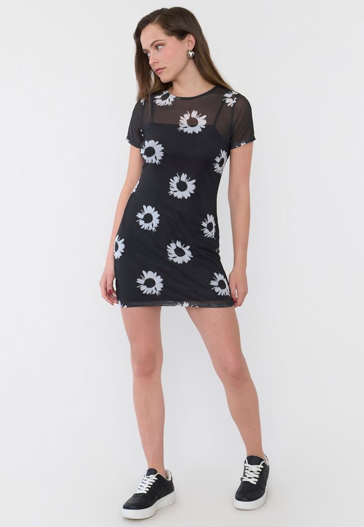 Vestido Mujer Malla  Flores Negro Corona-3