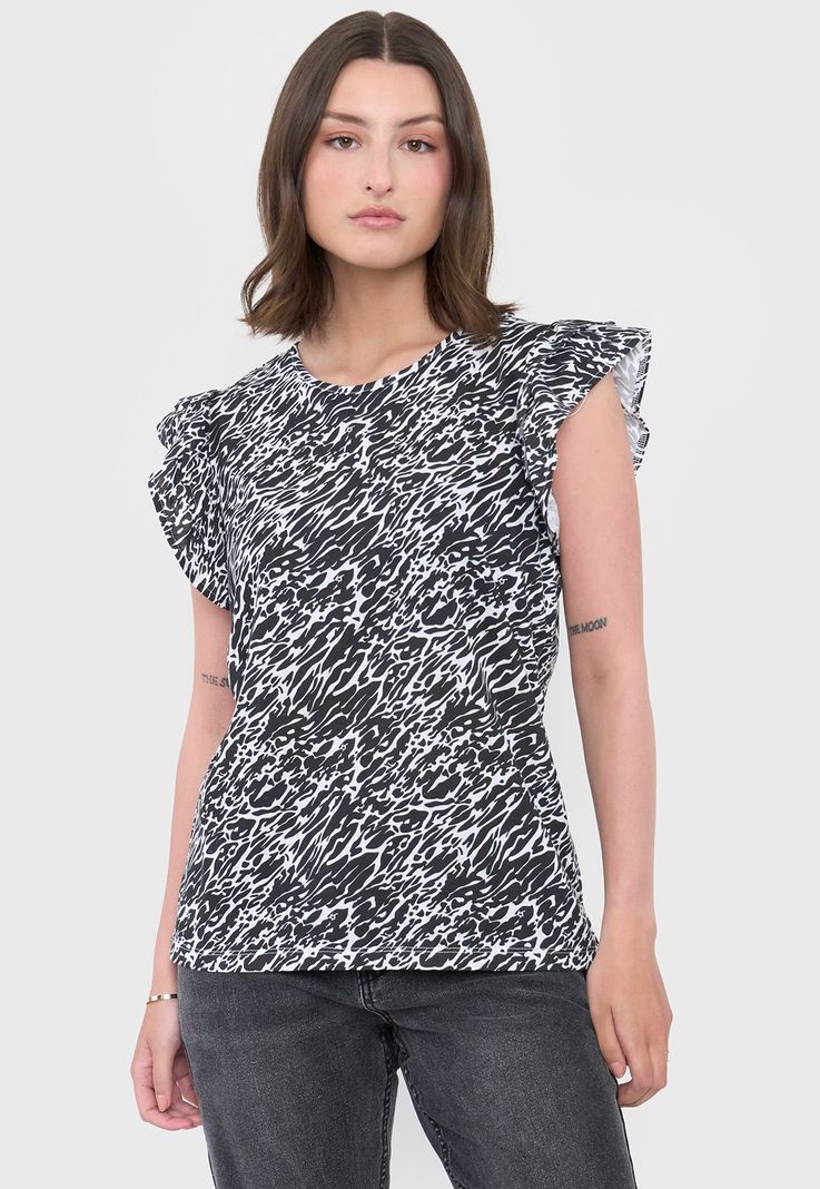Polera Mujer Vuelos Animal Print Negro Corona-0
